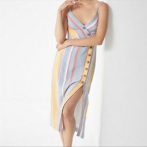 Urban Outfitters Linen Sundress XS Rainbow‎ Colorful Button Front Beachy Vacay